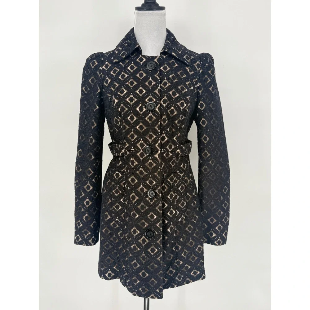 INC‎ Black Cotton Geometric Lace Trench Coat Womens Small Classic Feminine